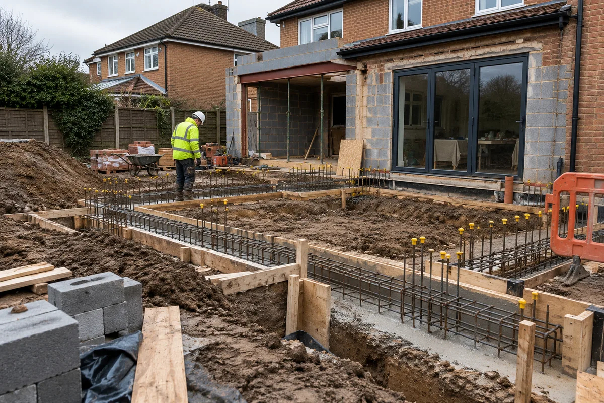 Foundation and reinforcement work for a residential extension.